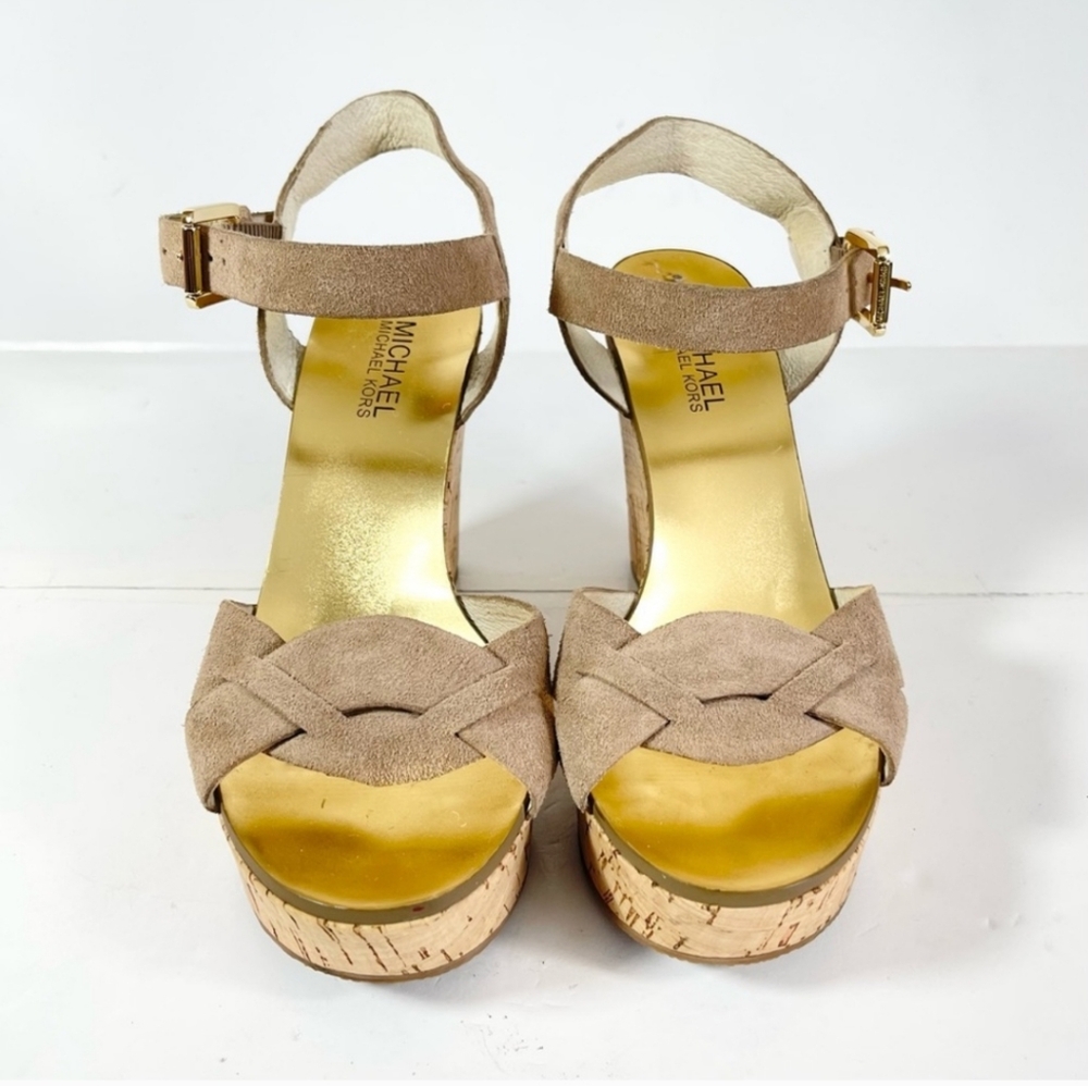 Michael Kors Amber Women’s Wedge Sandals Cork Heel Taupe Suede Size 9M